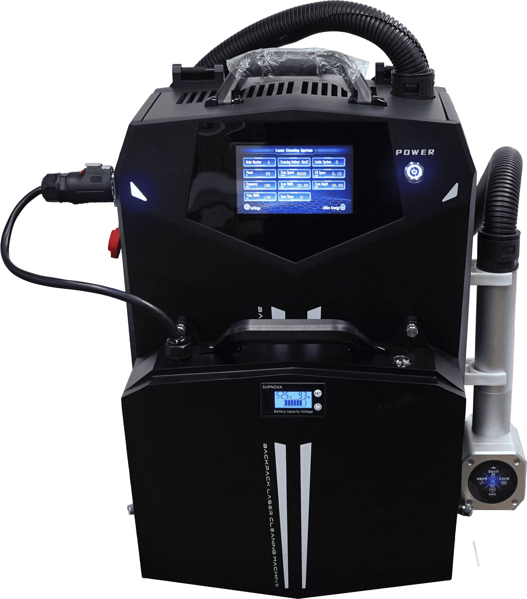 LCB100-300W backpack laser cleaner shoulder-worn unit, detail view
