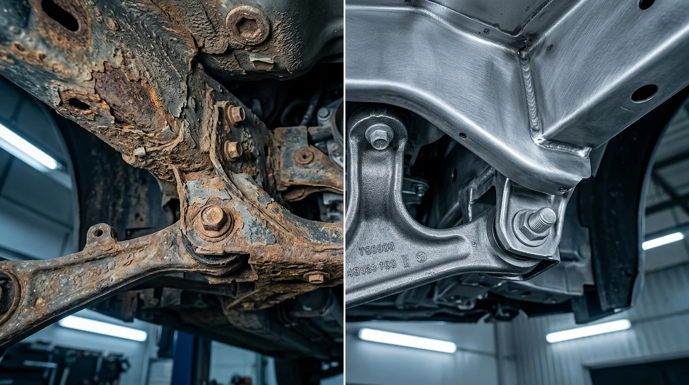 Laser cleaning an automotive chassis part for a vehicle restoration job